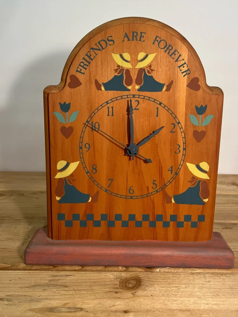 Cottage Core Folk Art Wooden Hearts Vintage Mantel/ Wall Clock Friends Forever